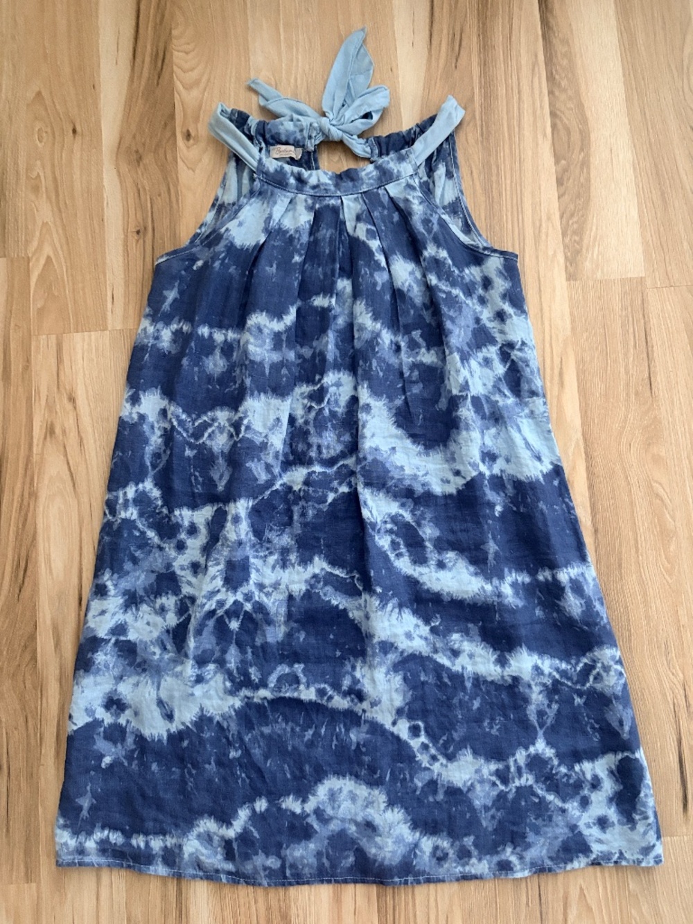 Bellambra Blue Tie-Dye Linen halter Shift Dress.